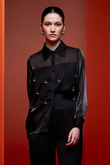 House Of Zeniaa Black Silk, Satin, Organza Stones Collared Get Along Embroidered Shirt With Pant Online at Aza Fashions House Of Zeniaa_Black Silk, Satin, Organza Stones Collared Get Along Embroidered Shirt With Pant_Online_at_Aza_Fashions