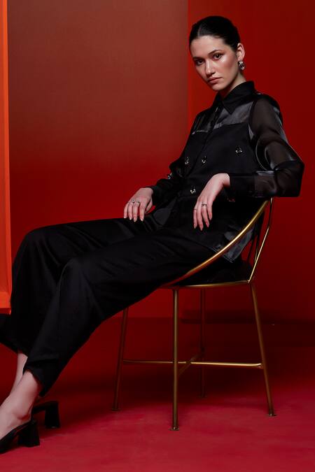 Shop House Of Zeniaa Black Silk, Satin, Organza Stones Collared Get Along Embroidered Shirt With Pant Online at Aza Fashions Shop_House Of Zeniaa_Black Silk, Satin, Organza Stones Collared Get Along Embroidered Shirt With Pant_Online_at_Aza_Fashions