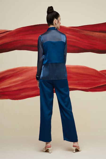 Shop House Of Zeniaa Blue Satin, Organza Stones Collared Midnight Storm Embellished Shirt With Pant at Aza Fashions Shop_House Of Zeniaa_Blue Satin, Organza Stones Collared Midnight Storm Embellished Shirt With Pant_at_Aza_Fashions