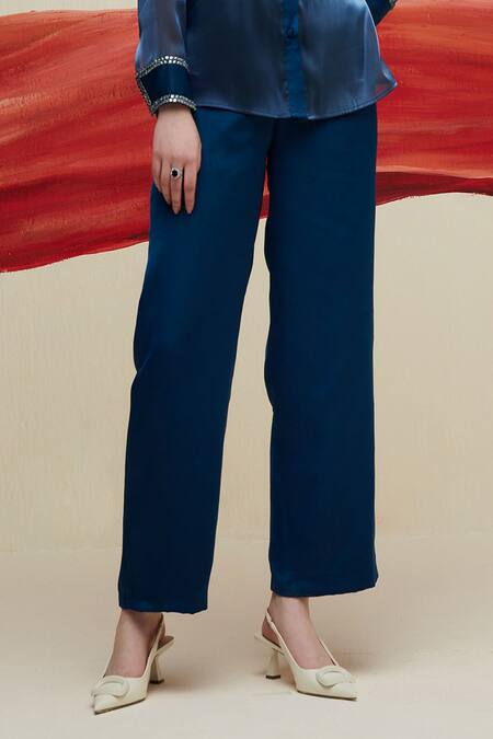 House Of Zeniaa Blue Satin, Organza Stones Collared Midnight Storm Embellished Shirt With Pant Online at Aza Fashions House Of Zeniaa_Blue Satin, Organza Stones Collared Midnight Storm Embellished Shirt With Pant_Online_at_Aza_Fashions