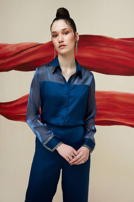 Buy House Of Zeniaa Blue Satin, Organza Stones Collared Midnight Storm Embellished Shirt With Pant Online at Aza Fashions Buy_House Of Zeniaa_Blue Satin, Organza Stones Collared Midnight Storm Embellished Shirt With Pant_Online_at_Aza_Fashions
