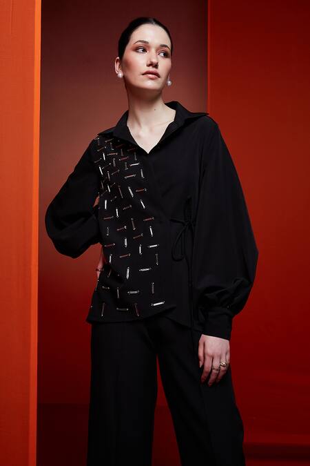 House Of Zeniaa_Black Crepe Metallic Thread, Beads Wrap It Around Embroidered Top With Pant_Online_at_Aza_Fashions