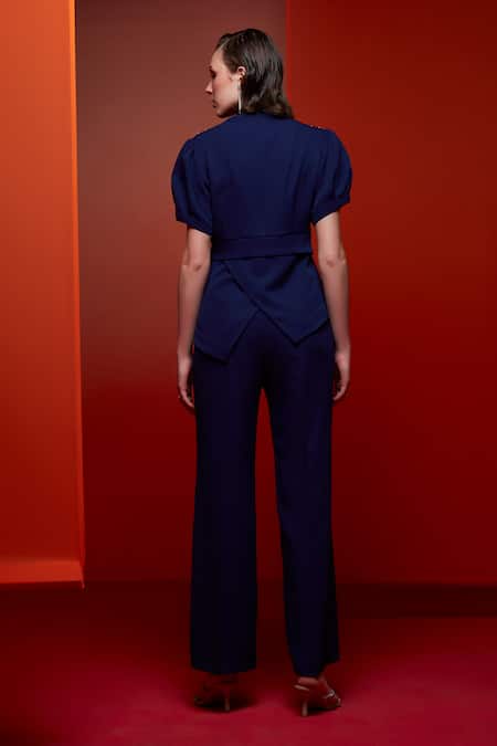 Shop House Of Zeniaa Blue Crepe Sequins, Beads V-neck All You Desire Embroidered Top With Pant at Aza Fashions Shop_House Of Zeniaa_Blue Crepe Sequins, Beads V-neck All You Desire Embroidered Top With Pant_at_Aza_Fashions