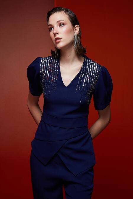 Shop House Of Zeniaa Blue Crepe Sequins, Beads V-neck All You Desire Embroidered Top With Pant Online at Aza Fashions Shop_House Of Zeniaa_Blue Crepe Sequins, Beads V-neck All You Desire Embroidered Top With Pant_Online_at_Aza_Fashions