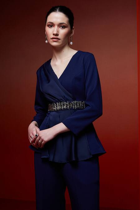 House Of Zeniaa_Blue Crepe Beads V-neck The Emily Embroidered Peplum Top With Pant_Online_at_Aza_Fashions