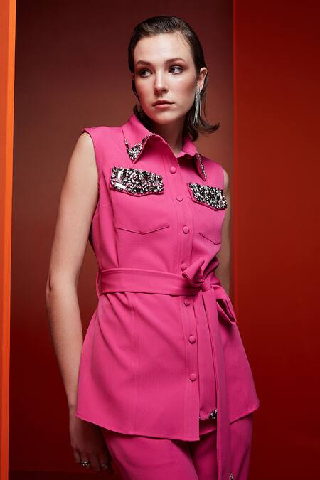 Shop_House Of Zeniaa_Pink Crepe Sequins, Beads Collared Hot Mess Embroidered Top With Pant_Online_at_Aza_Fashions