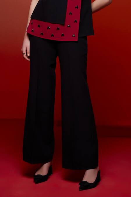 House Of Zeniaa_Black Crepe Stones Round Neck Rose Embroidered Top With Pant_at_Aza_Fashions