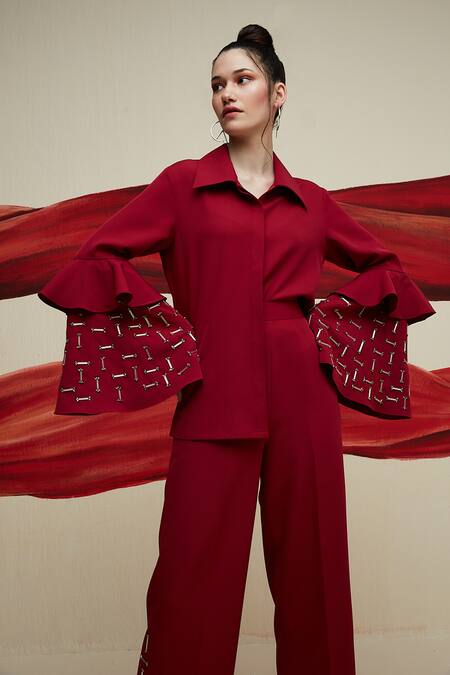 Buy_House Of Zeniaa_Red Crepe Beads Collared Kiro Embroidered Shirt With Pant_Online_at_Aza_Fashions