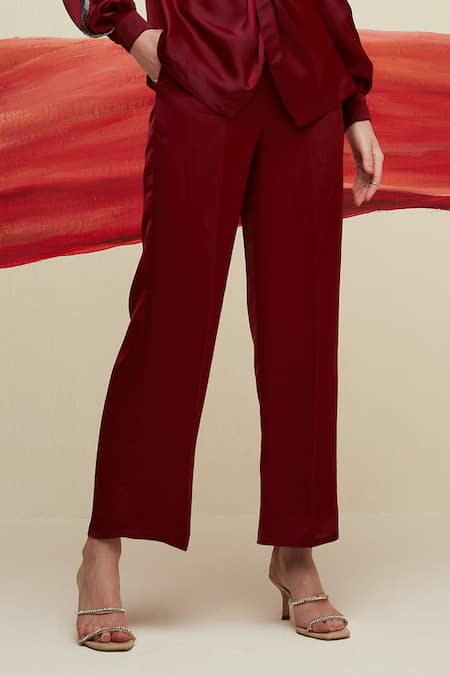 Buy_House Of Zeniaa_Red Silk, Satin Beads Collared Turn And Twist Embroidered Top With Pant_Online_at_Aza_Fashions