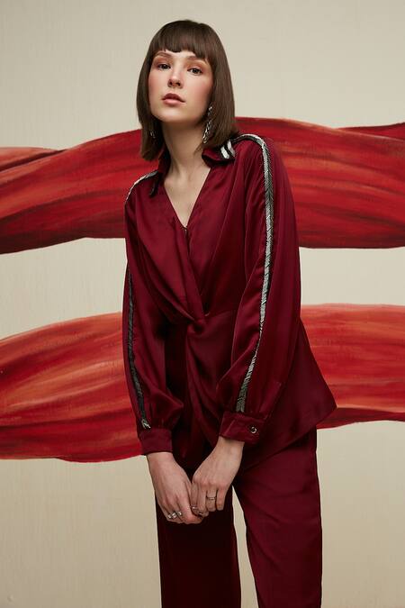 Shop_House Of Zeniaa_Red Silk, Satin Beads Collared Turn And Twist Embroidered Top With Pant_Online_at_Aza_Fashions