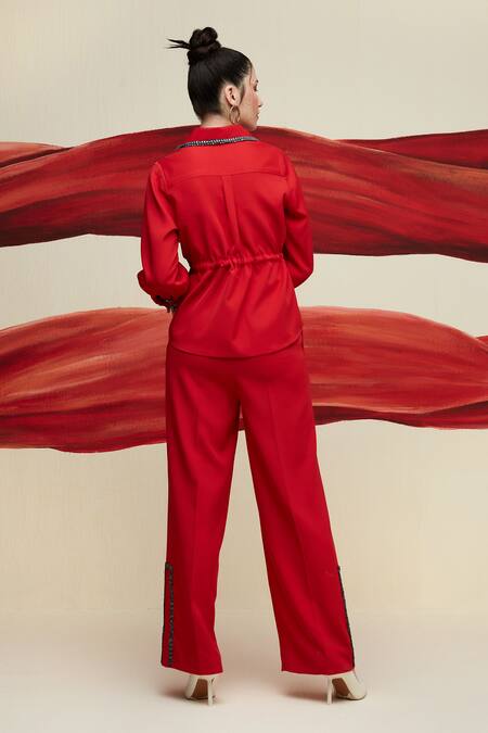 Shop House Of Zeniaa Red Crepe Stones Collared Dear Donna Embellished Top With Pant at Aza Fashions Shop_House Of Zeniaa_Red Crepe Stones Collared Dear Donna Embellished Top With Pant_at_Aza_Fashions