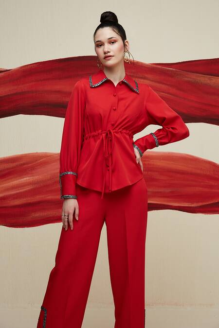 House Of Zeniaa Red Crepe Stones Collared Dear Donna Embellished Top With Pant Online at Aza Fashions House Of Zeniaa_Red Crepe Stones Collared Dear Donna Embellished Top With Pant_Online_at_Aza_Fashions