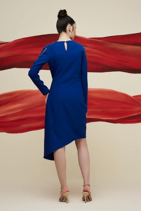 Shop House Of Zeniaa Blue Crepe Embroidery Round Neck The Bold Shoulder Dress at Aza Fashions Shop_House Of Zeniaa_Blue Crepe Embroidery Round Neck The Bold Shoulder Dress_at_Aza_Fashions