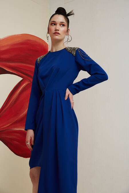 House Of Zeniaa Blue Crepe Embroidery Round Neck The Bold Shoulder Dress Online at Aza Fashions House Of Zeniaa_Blue Crepe Embroidery Round Neck The Bold Shoulder Dress_Online_at_Aza_Fashions