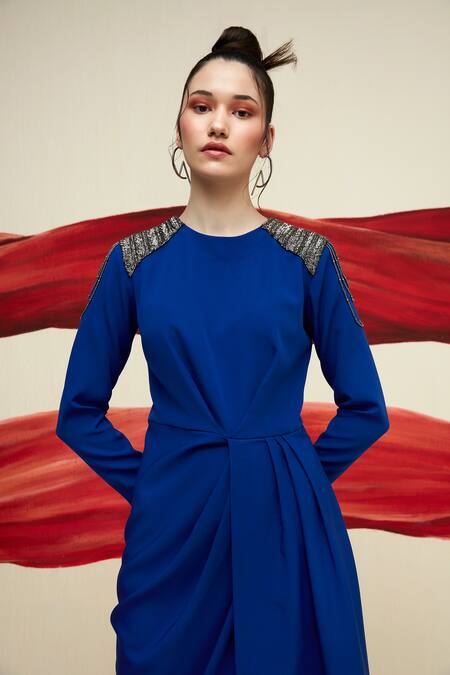 Buy House Of Zeniaa Blue Crepe Embroidery Round Neck The Bold Shoulder Dress Online at Aza Fashions Buy_House Of Zeniaa_Blue Crepe Embroidery Round Neck The Bold Shoulder Dress_Online_at_Aza_Fashions