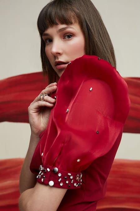 House Of Zeniaa_Red Crepe, Organza Stones Square Neck A Scoop Of Cuteness Dress_Online_at_Aza_Fashions