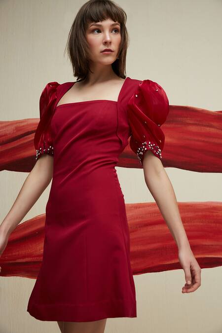 Buy_House Of Zeniaa_Red Crepe, Organza Stones Square Neck A Scoop Of Cuteness Dress_Online_at_Aza_Fashions