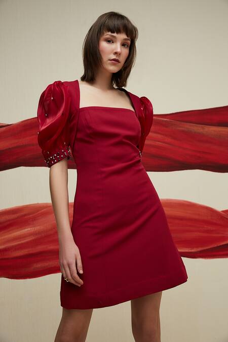 Shop_House Of Zeniaa_Red Crepe, Organza Stones Square Neck A Scoop Of Cuteness Dress_Online_at_Aza_Fashions