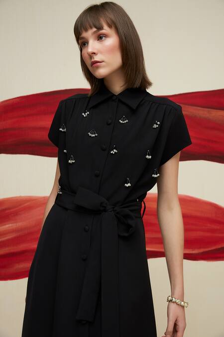 House Of Zeniaa Black Crepe Stones, Tassels Collared Miss Fallon Embellished Dress Online at Aza Fashions House Of Zeniaa_Black Crepe Stones, Tassels Collared Miss Fallon Embellished Dress_Online_at_Aza_Fashions