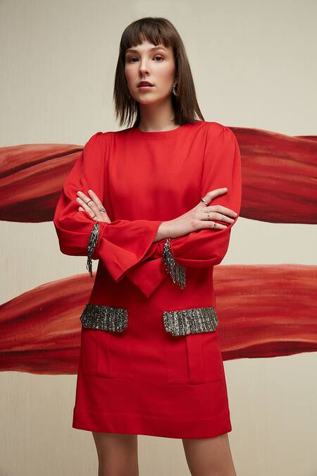 Buy House Of Zeniaa Red Crepe Cut Work Round Neck The Lila Dress Online at Aza Fashions Buy_House Of Zeniaa_Red Crepe Cut Work Round Neck The Lila Dress_Online_at_Aza_Fashions