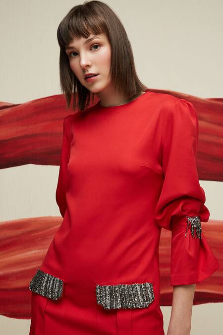 Shop House Of Zeniaa Red Crepe Cut Work Round Neck The Lila Dress Online at Aza Fashions Shop_House Of Zeniaa_Red Crepe Cut Work Round Neck The Lila Dress_Online_at_Aza_Fashions