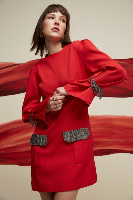 Buy House Of Zeniaa Red Crepe Cut Work Round Neck The Lila Dress Buy_House Of Zeniaa_Red Crepe Cut Work Round Neck The Lila Dress