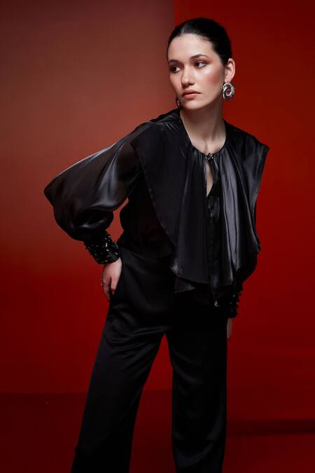 House Of Zeniaa Black Organza Stones Round Neck Miss Birdy Top Online at Aza Fashions House Of Zeniaa_Black Organza Stones Round Neck Miss Birdy Top_Online_at_Aza_Fashions