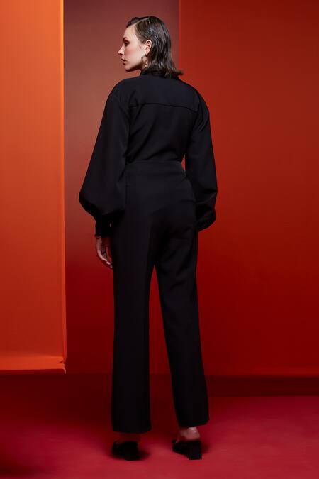 Shop House Of Zeniaa Black Crepe Crystals, Stones Collared Heart On The Sleeves Shirt at Aza Fashions Shop_House Of Zeniaa_Black Crepe Crystals, Stones Collared Heart On The Sleeves Shirt_at_Aza_Fashions