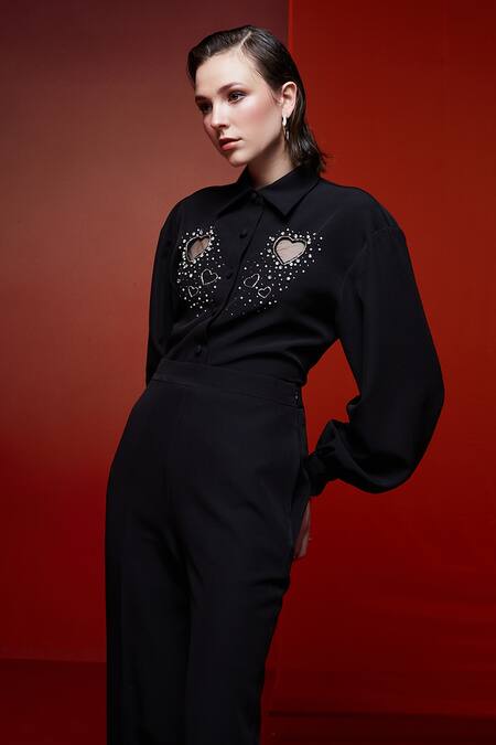 House Of Zeniaa Black Crepe Crystals, Stones Collared Heart On The Sleeves Shirt Online at Aza Fashions House Of Zeniaa_Black Crepe Crystals, Stones Collared Heart On The Sleeves Shirt_Online_at_Aza_Fashions