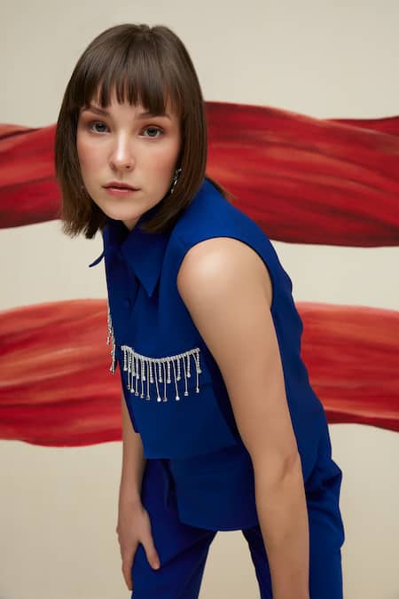 House Of Zeniaa_Blue Crepe Stones Collared No Ordinary Day Shirt_Online_at_Aza_Fashions