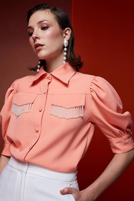 House Of Zeniaa_Peach Crepe Pearls Collared Dangler Shirt_Online_at_Aza_Fashions
