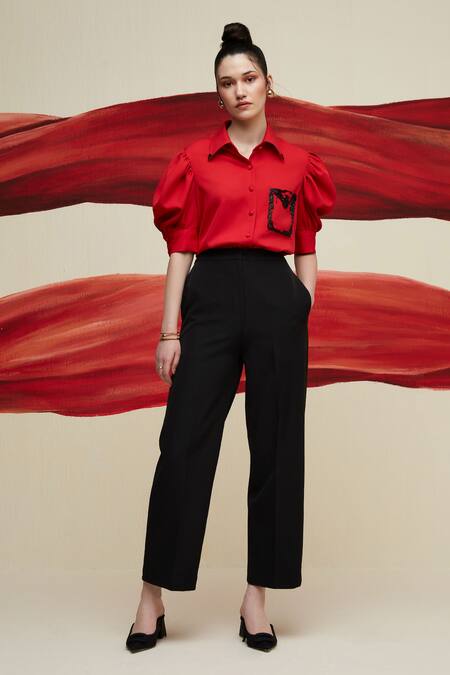 House Of Zeniaa_Red Crepe Embroidery Collared Hand Pocket Shirt_Online_at_Aza_Fashions