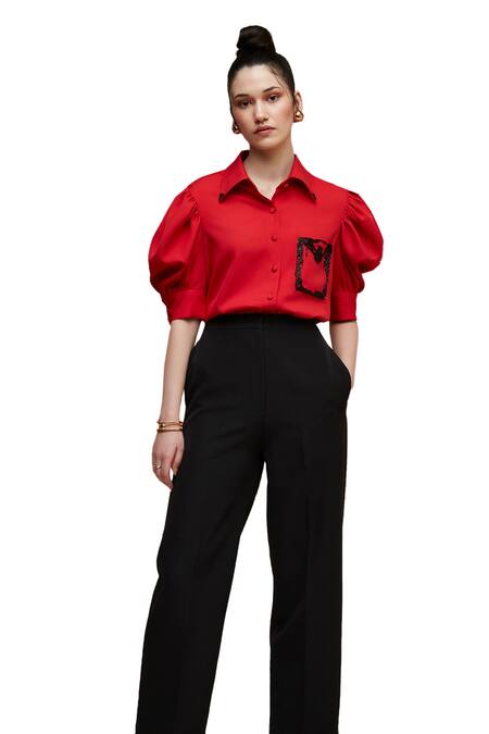 Buy_House Of Zeniaa_Red Crepe Embroidery Collared Hand Pocket Shirt_Online_at_Aza_Fashions