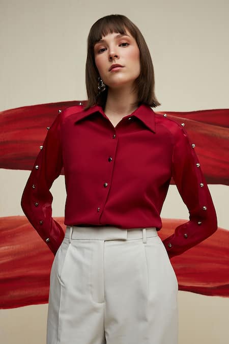 House of Zeniaa Red Luxury Crepe Placement Embellished Silver Studs Collared Neck Iris Shirt 