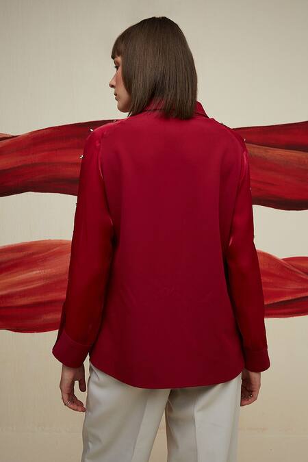 Shop House Of Zeniaa Red Crepe Studs Collared Iris Placement Embellished Shirt at Aza Fashions Shop_House Of Zeniaa_Red Crepe Studs Collared Iris Placement Embellished Shirt_at_Aza_Fashions