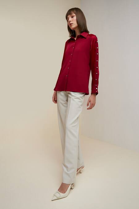 House Of Zeniaa Red Crepe Studs Collared Iris Placement Embellished Shirt Online at Aza Fashions House Of Zeniaa_Red Crepe Studs Collared Iris Placement Embellished Shirt_Online_at_Aza_Fashions