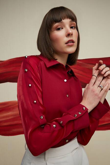 Buy House Of Zeniaa Red Crepe Studs Collared Iris Placement Embellished Shirt Online at Aza Fashions Buy_House Of Zeniaa_Red Crepe Studs Collared Iris Placement Embellished Shirt_Online_at_Aza_Fashions