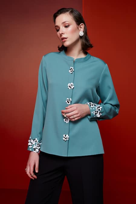 House of Zeniaa Green Luxury Crepe Placement Embellished Floral Chinese The Bergamot Shirt 