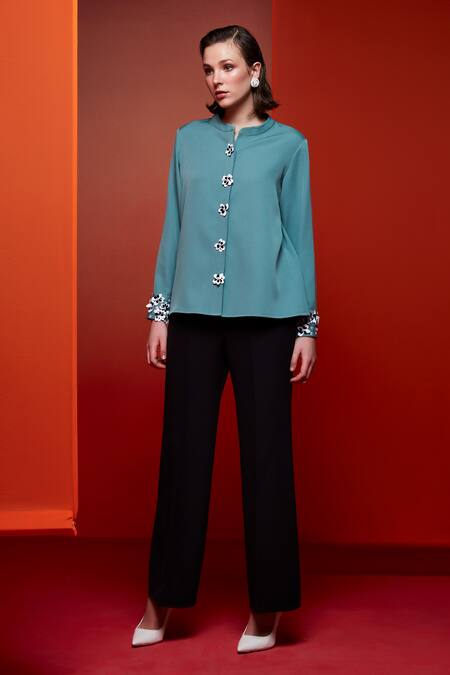 House Of Zeniaa Green Crepe Embroidery Collared The Bergamot Shirt Online at Aza Fashions House Of Zeniaa_Green Crepe Embroidery Collared The Bergamot Shirt_Online_at_Aza_Fashions