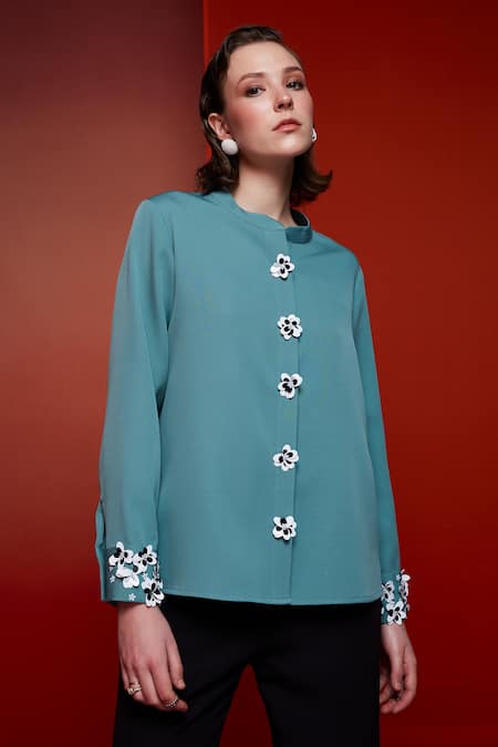 Shop House Of Zeniaa Green Crepe Embroidery Collared The Bergamot Shirt Online at Aza Fashions Shop_House Of Zeniaa_Green Crepe Embroidery Collared The Bergamot Shirt_Online_at_Aza_Fashions