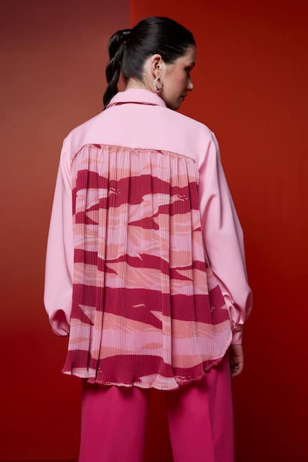 Shop House Of Zeniaa Pink Crepe Collared Abstract Print Puff Sleeve Shirt at Aza Fashions Shop_House Of Zeniaa_Pink Crepe Collared Abstract Print Puff Sleeve Shirt_at_Aza_Fashions