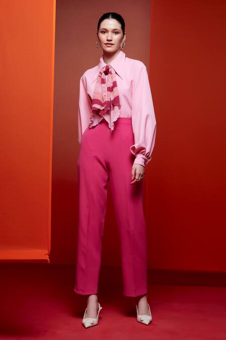 House Of Zeniaa Pink Crepe Collared Abstract Print Puff Sleeve Shirt Online at Aza Fashions House Of Zeniaa_Pink Crepe Collared Abstract Print Puff Sleeve Shirt_Online_at_Aza_Fashions