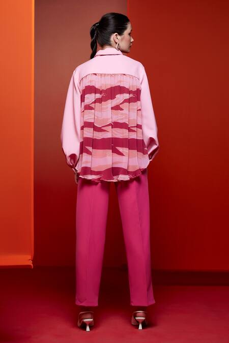 Buy House Of Zeniaa Pink Crepe Collared Abstract Print Puff Sleeve Shirt Online at Aza Fashions Buy_House Of Zeniaa_Pink Crepe Collared Abstract Print Puff Sleeve Shirt_Online_at_Aza_Fashions