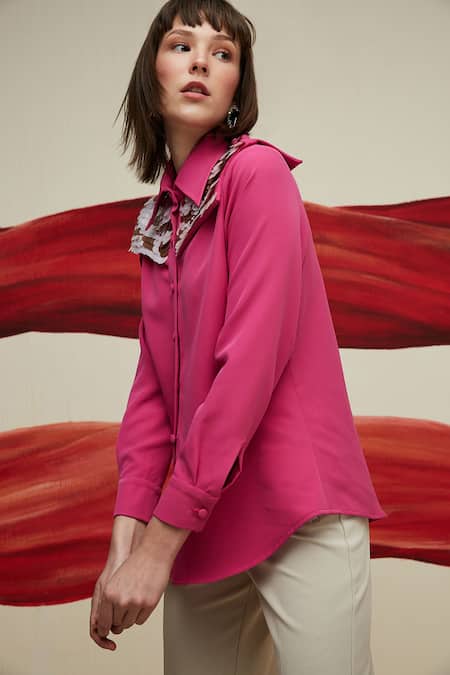 House Of Zeniaa_Pink Crepe Sequins Collared Elle Embellished Shirt_Online_at_Aza_Fashions