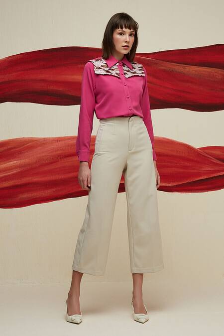 Buy_House Of Zeniaa_Pink Crepe Sequins Collared Elle Embellished Shirt_Online_at_Aza_Fashions