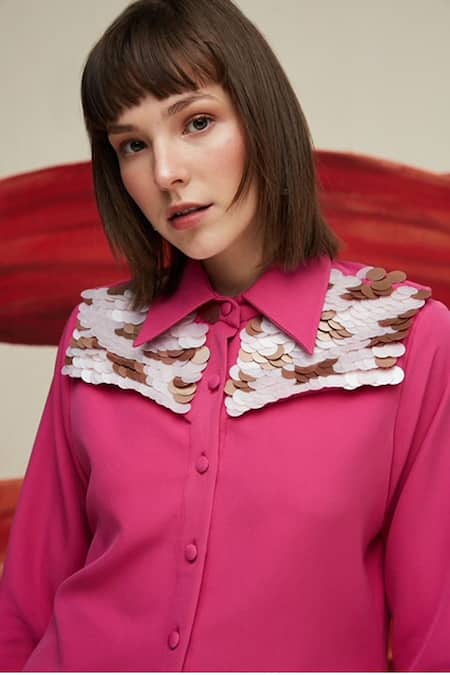 Shop_House Of Zeniaa_Pink Crepe Sequins Collared Elle Embellished Shirt_Online_at_Aza_Fashions