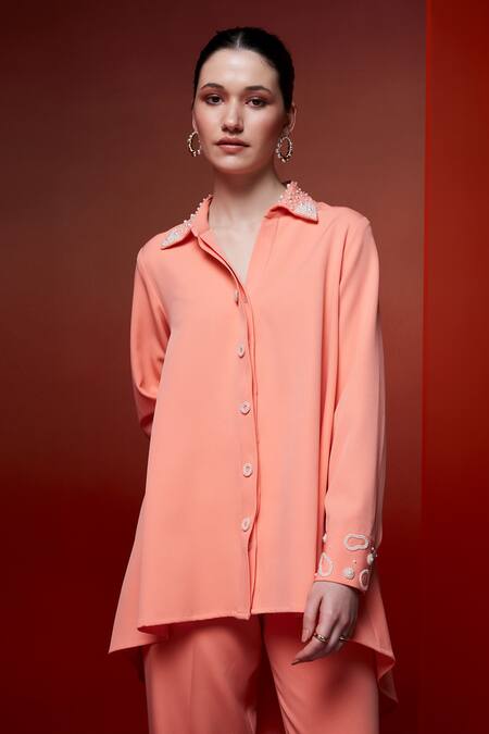 House Of Zeniaa_Peach Crepe Pearls Collared Miss High Low Shirt_Online_at_Aza_Fashions