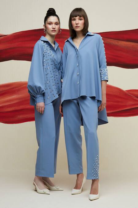 House Of Zeniaa_Blue Crepe Pearls Collared Miss High Low Shirt_Online_at_Aza_Fashions