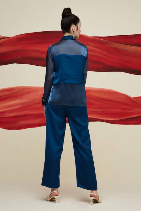Shop_House Of Zeniaa_Blue Satin, Organza Stones Collared Midnight Storm Shirt_at_Aza_Fashions