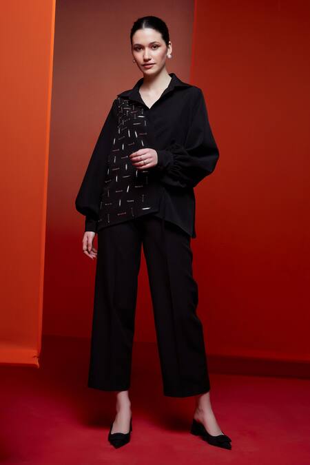 Buy_House Of Zeniaa_Black Crepe Embroidery Collared Wrap It Around Shirt_Online_at_Aza_Fashions